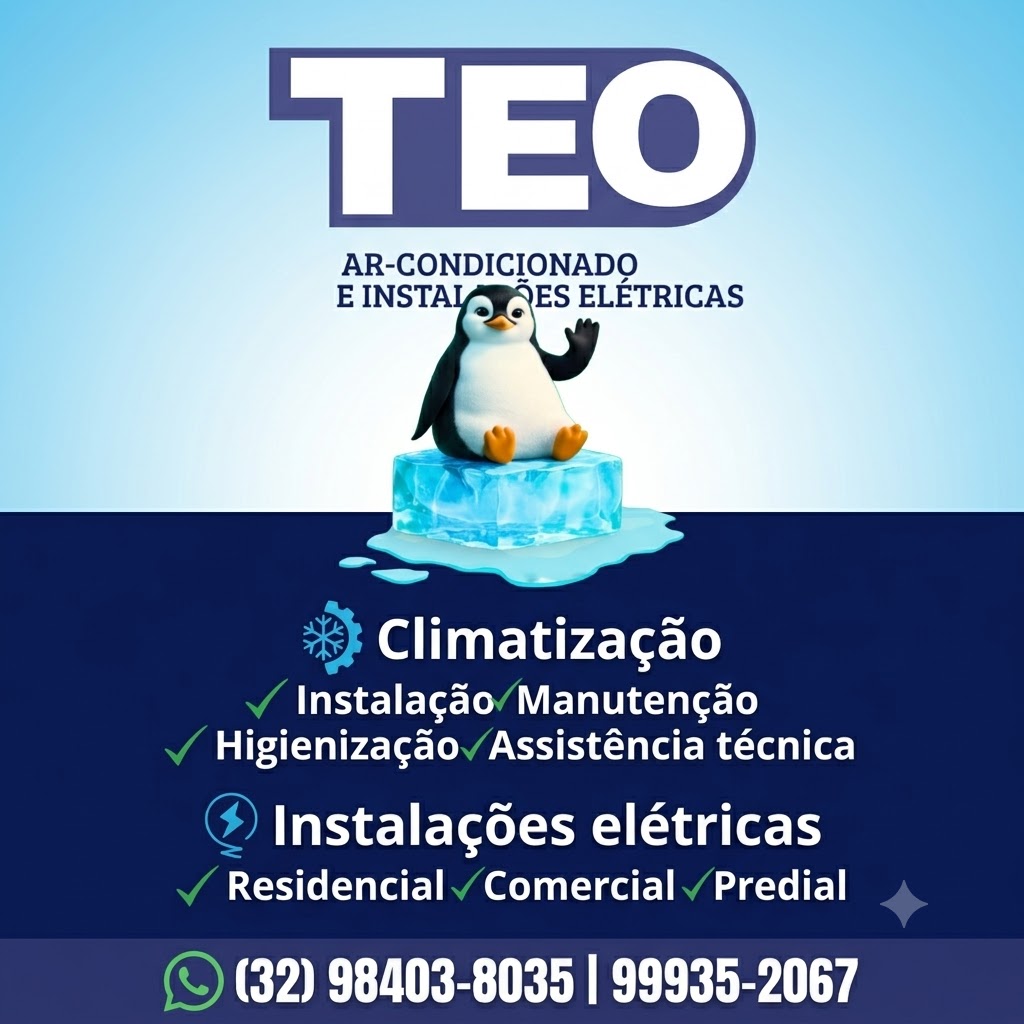 flyer azul com logo TEO e um pinguim 3D sentado num cubo de gelo derretendo, lista de serviços e telefones no 